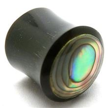 Horn Flesh Plug with inlaid mother-of-pearl figure