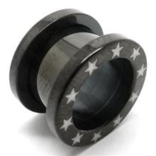 Black Steel Flesh Tunnel - 2 part threaded with star pattern (laser-etched).